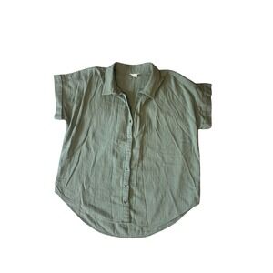Caslon XXL Sage Green 100% Cotton Gauze Short Sleeve Button Down Shirt Top